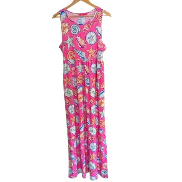 Simply Southern Pink Shell Print Maxi Dress Large - Picture 1 of 4